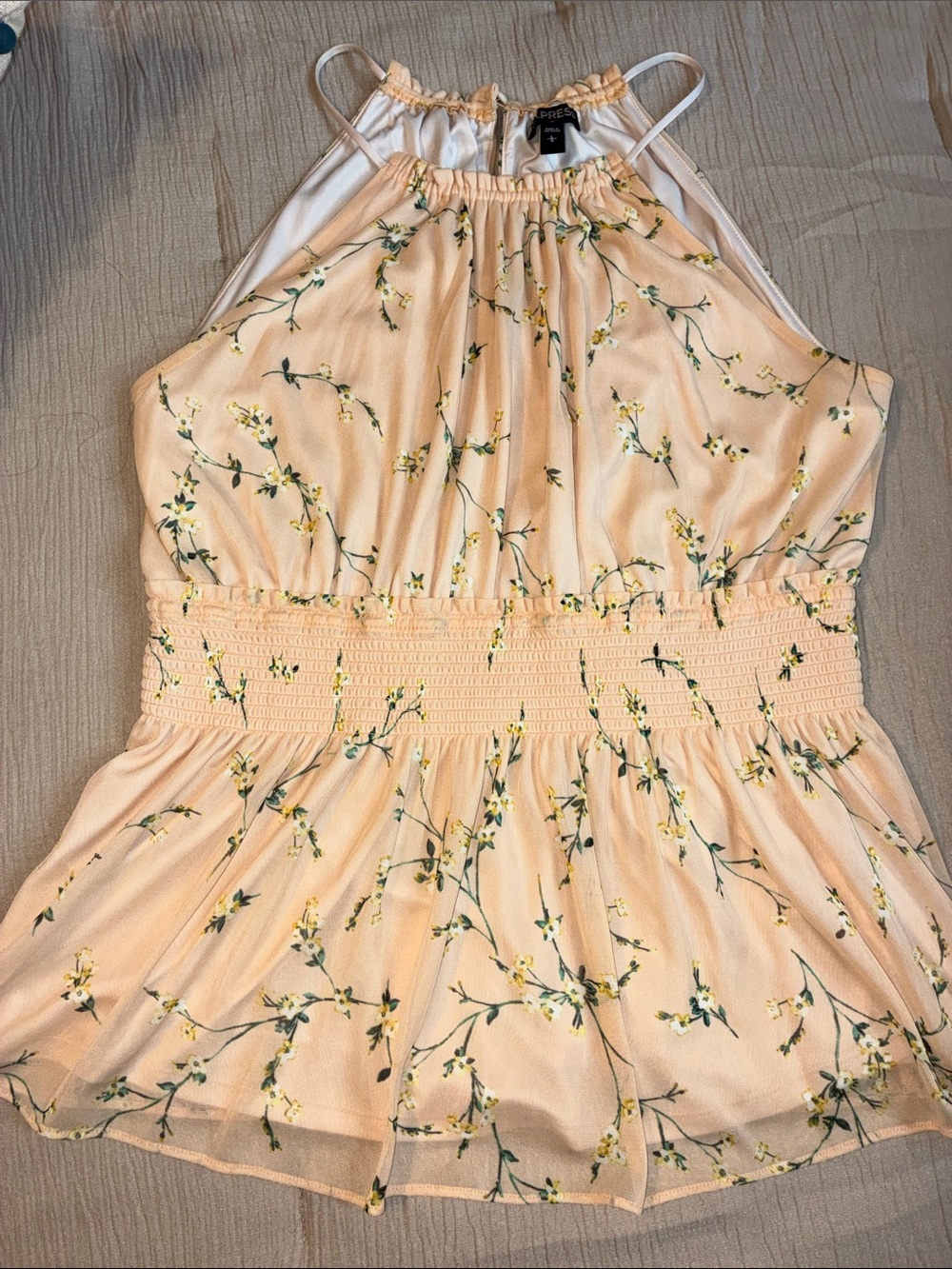 Express Peach Floral Print Smocked Waist Halter Top SIZE LARGE
